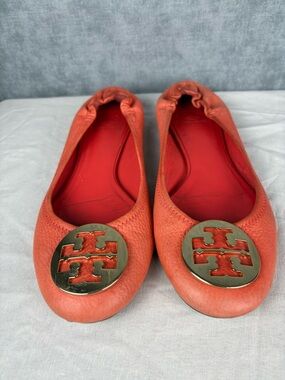 Tory Burch Coral-Orange Leather Logo Ballet Flats